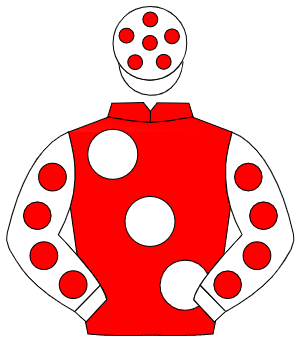 RED, large white spots, white sleeves, red spots, white cap, red spots