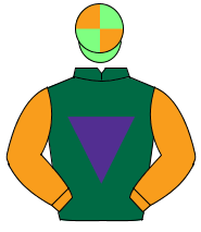 DARK GREEN,purple inverted triangle,orange slvs,light green & orange qtd. cap                                                                         