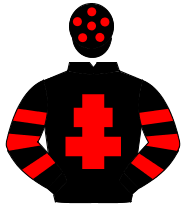 BLACK, red cross of lorraine, hooped sleeves, black cap, red spots                                                                                    
