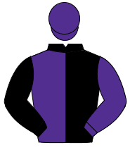 BLACK & PURPLE HALVED, sleeves reversed, purple cap