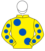 YELLOW, large royal blue spots, royal blue spots on sleeves, white cap                                                                                
