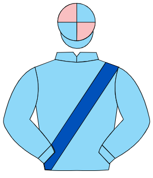 LIGHT BLUE, royal blue sash, light blue and pink quartered cap