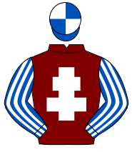MAROON, white cross of lorraine, royal blue & white striped sleeves, royal blue & white quartered cap                                                 