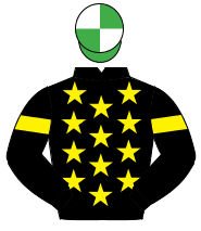 BLACK, yellow stars, yellow armlet, emerald green & white quartered cap                                                                               