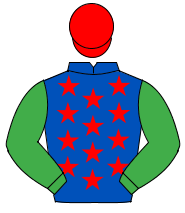 ROYAL BLUE, red stars, emerald green sleeves, red cap                                                                                                 
