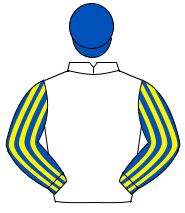 WHITE, royal blue & yellow striped sleeves, royal blue cap                                                                                            