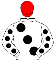 WHITE, large black spots, black spots on sleeves, red cap                                                                                             