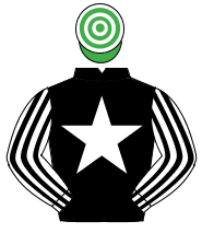 BLACK, white star, white & black striped sleeves, emerald green & white hooped cap                                                                    