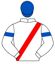 WHITE, red sash, royal blue armlet, royal blue cap
