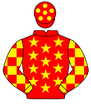 RED, yellow stars, check sleeves, yellow spots on cap                                                                                                 