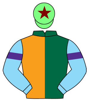 DARK GREEN & ORANGE HALVED, light blue sleeves, purple armlet, light green cap, maroon star                                                           