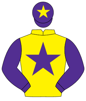 YELLOW, purple star & sleeves, purple cap, yellow star