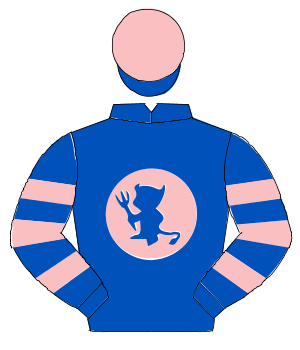 ROYAL BLUE, pink  ball, blue devil emblem, hooped sleeves, pink cap, blue visor