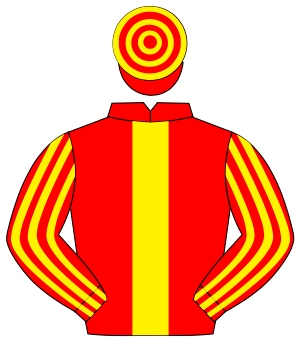RED, yellow panel, striped sleeves, hooped cap
