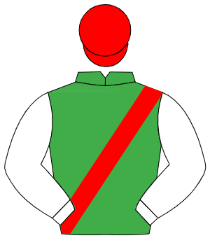 EMERALD GREEN, red sash, white sleeves, red cap