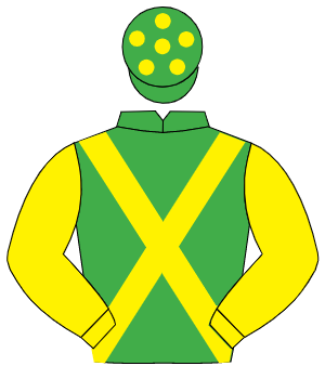 EMERALD GREEN, yellow cross sashes & sleeves, yellow spots on cap