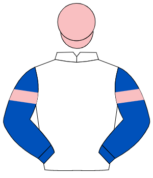 WHITE, royal blue sleeves, pink armlet, pink cap