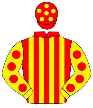 RED & YELLOW STRIPES, yellow sleeves, red spots, red cap, yellow spots
