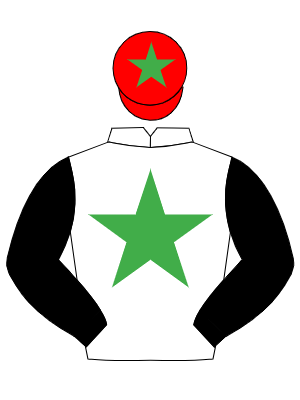 WHITE, emerald green star, black sleeves, red cap, emerald green star