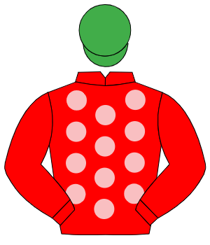 RED, pink spots, red sleeves, emerald green cap