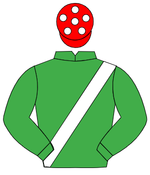 GREEN, white sash, red cap, white spots