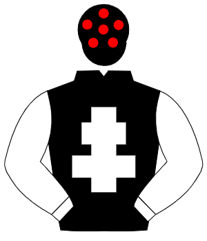 BLACK, white cross of lorraine & sleeves, black cap, red spots