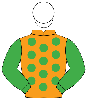 ORANGE, emerald green spots, emerald green sleeves, white cap