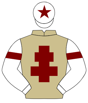 BEIGE, maroon cross of lorraine, white sleeves, maroon armlet, white cap, maroon star