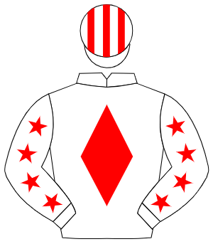 WHITE, red diamond, red stars on sleeves, striped cap