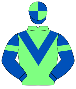 LIGHT GREEN, royal blue chevron, royal blue sleeves, light green armlet, royal blue & light green quartered cap