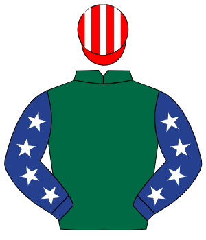 DARK GREEN, dark blue sleeves, white stars, red & white striped cap