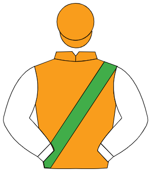 ORANGE, emerald green sash, white sleeves, orange cap