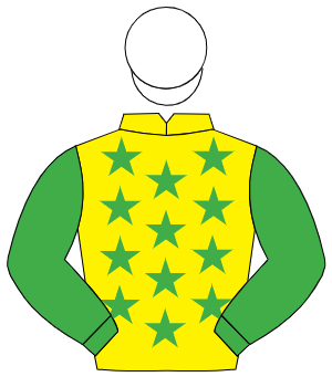 YELLOW, emerald green stars, emerald green sleeves, white cap