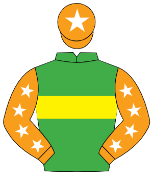EMERALD GREEN, yellow hoop, orange sleeves, white stars, orange cap, white star