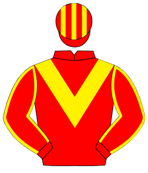 RED, yellow chevron, yellow seams on sleeves, striped cap