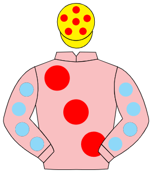 PINK, large red spots, pink sleeves, light blue spots, yellow cap, red spots