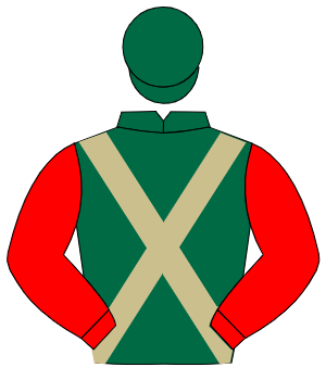 DARK GREEN, beige cross sashes, red sleeves, dark green cap