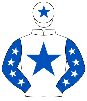 WHITE, royal blue star, royal blue sleeves, white stars, white cap, royal blue star