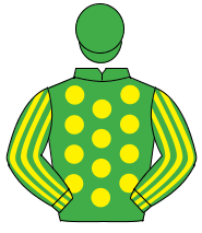 EMERALD GREEN, yellow spots, striped sleeves, emerald green cap                                                                                       