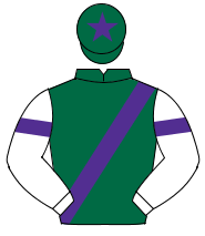 DARK GREEN,purple sash,white sleeves,purple armlet,dark green cap,purple star                                                                         