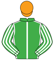 EMERALD GREEN, white seams, striped sleeves, orange cap