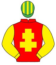 RED, yellow cross of lorraine & sleeves, emerald green & yellow striped cap                                                                           