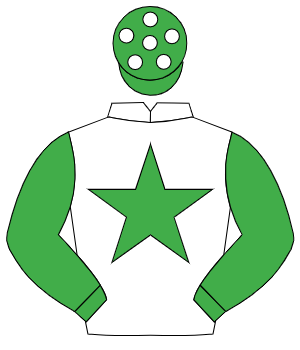 WHITE, emerald green star & sleeves, emerald green cap, white spots