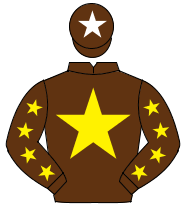 BROWN, yellow star & stars on sleeves, brown cap, white star