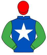 ROYAL BLUE, white star, emerald green sleeves, red cap                                                                                                