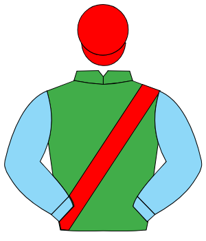 EMERALD GREEN, red sash, light blue sleeves, red cap