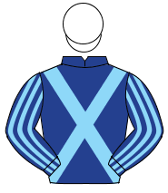 DARK BLUE, light blue cross sashes, striped sleeves, white cap