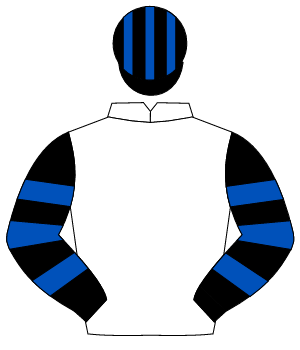 WHITE, black & royal blue hooped sleeves, black & royal blue striped cap                                                                              