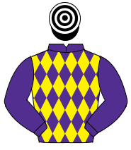 PURPLE & YELLOW DIAMONDS, purple sleeves, black & white hooped cap                                                                                    