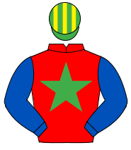RED, emerald green star, royal blue sleeves, emerald green & yellow striped cap                                                                       